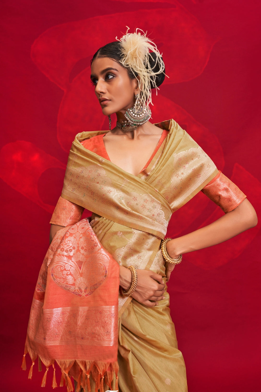 CREAM TUSSAR BANARASI SILK SAREE