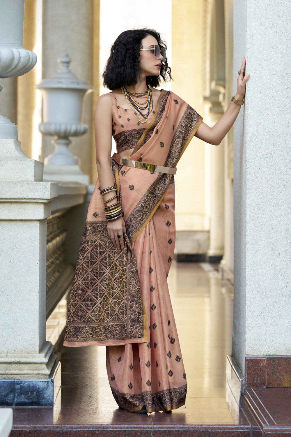 Peach Linen Tissue Silk Saree