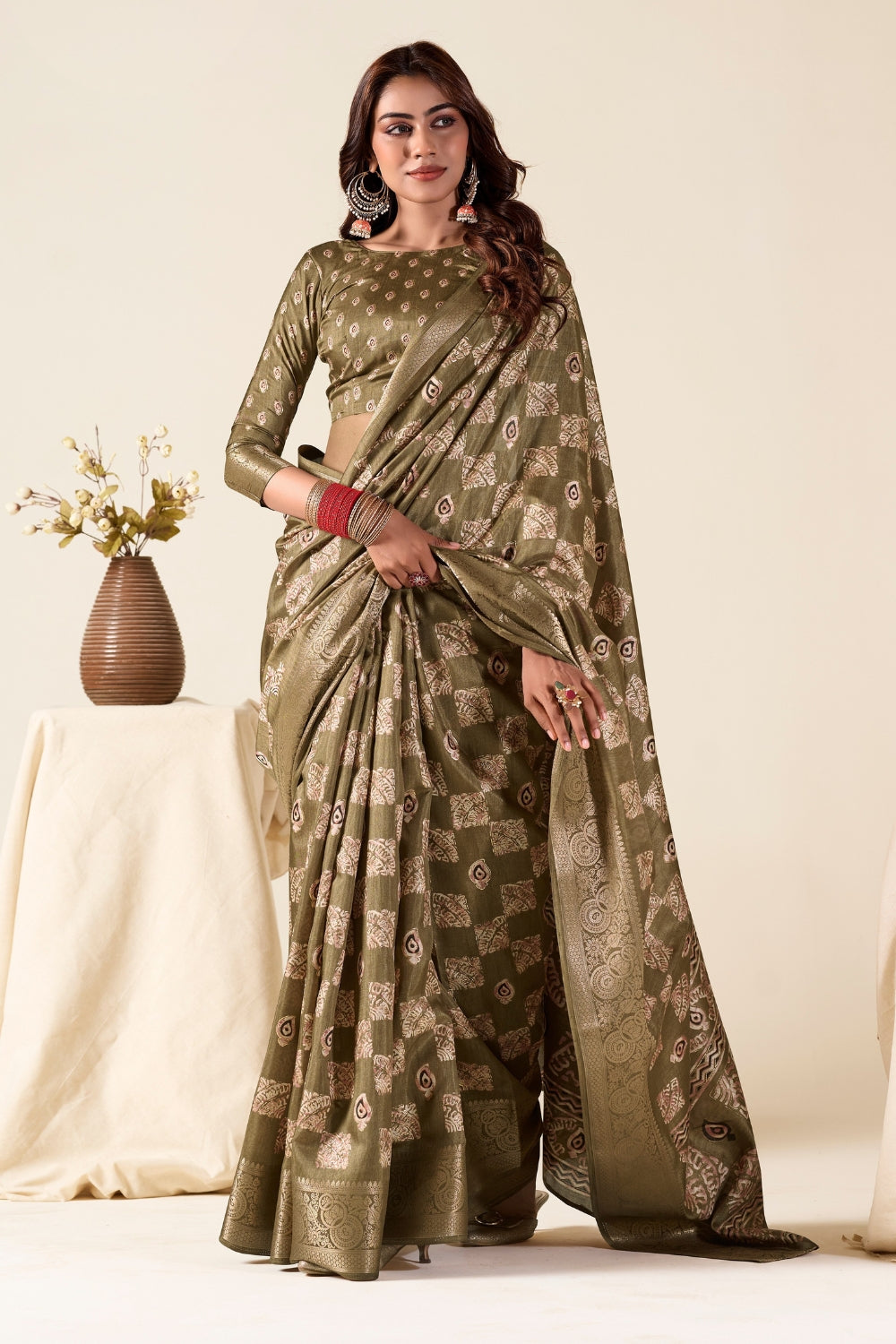 Mehendi Green Soft Dola Silk With Foil Print Saree