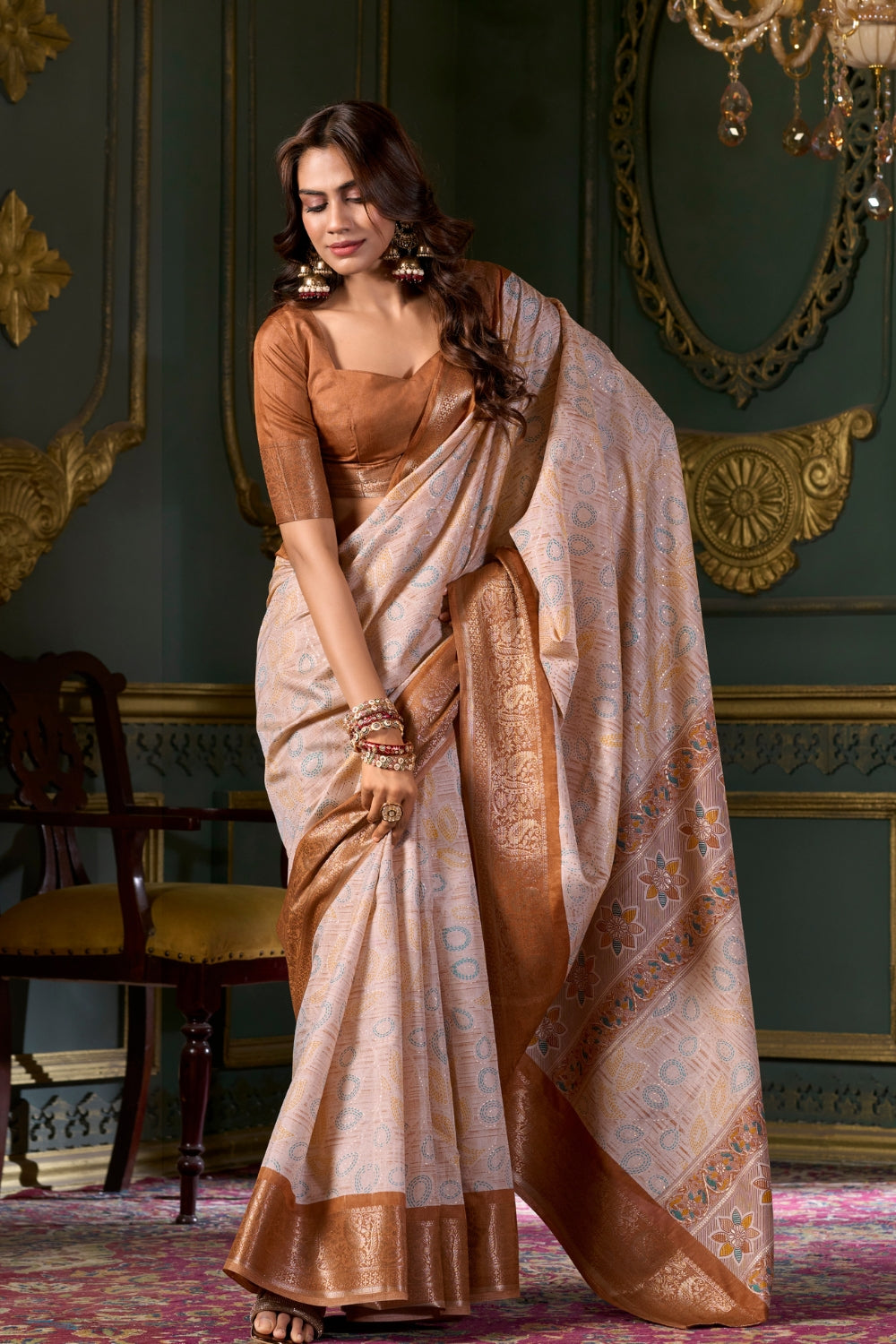 Brown Soft Silk Fabric With Foil Print Saree