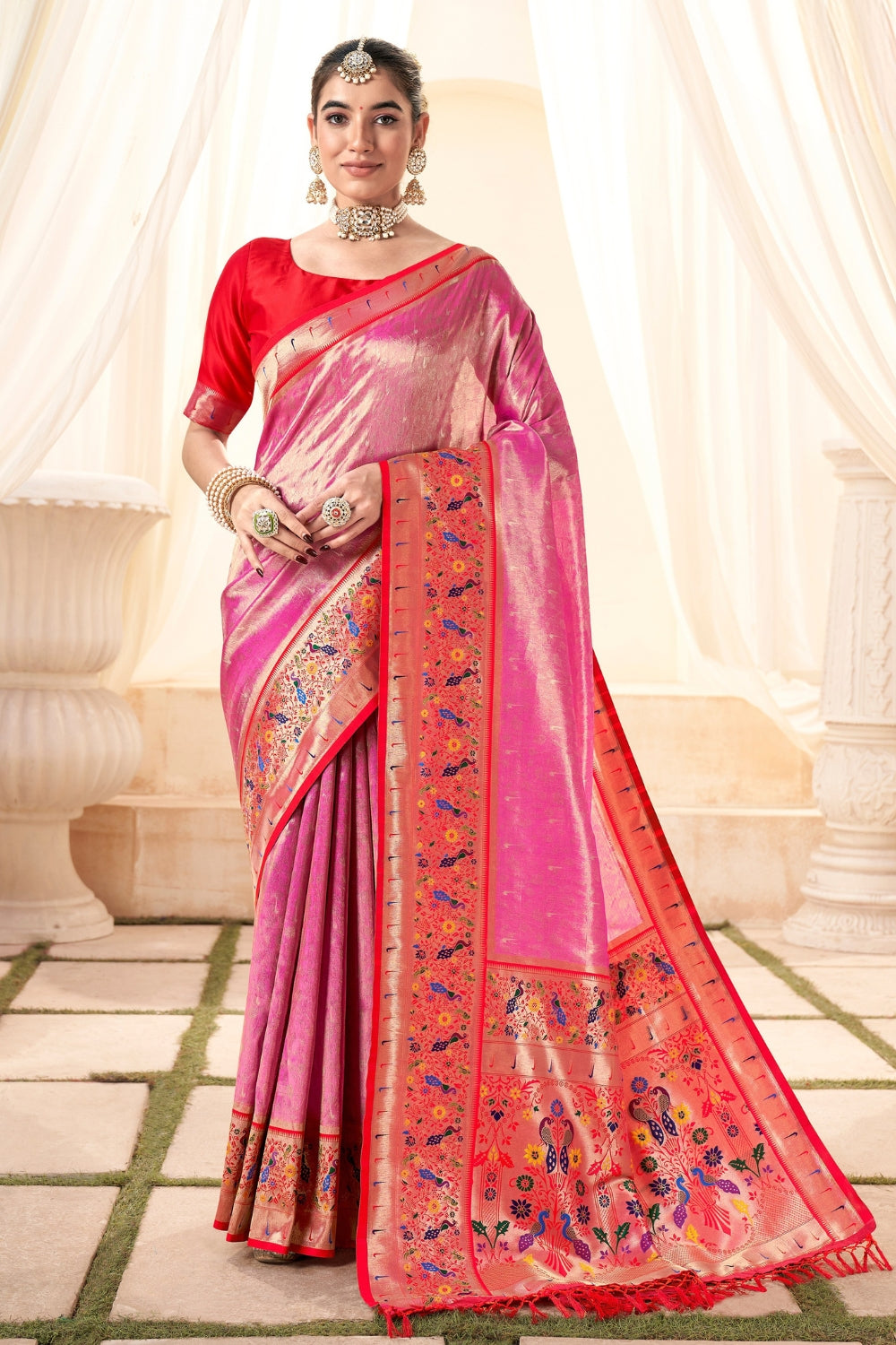 Dark Pink Pure Paithani Tissue Silk Saree