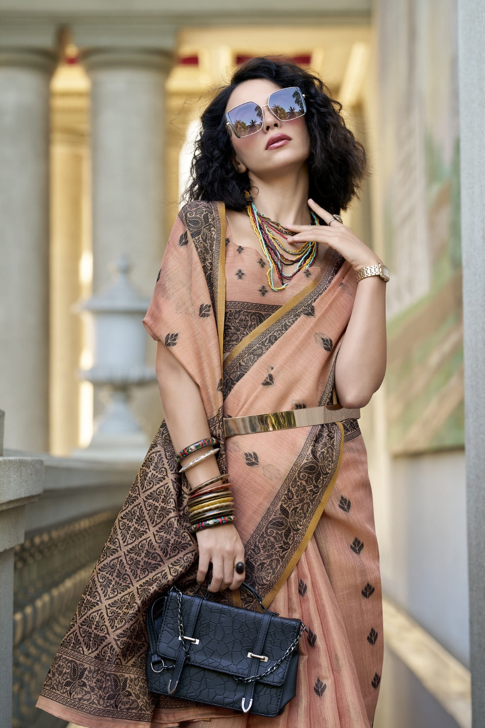 Peach Linen Tissue Silk Saree