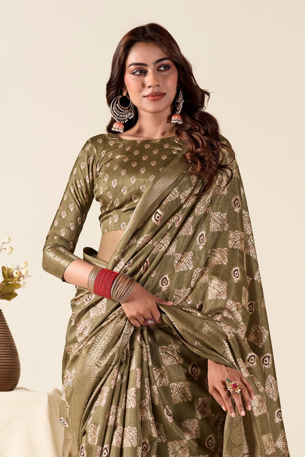 Mehendi Green Soft Dola Silk With Foil Print Saree