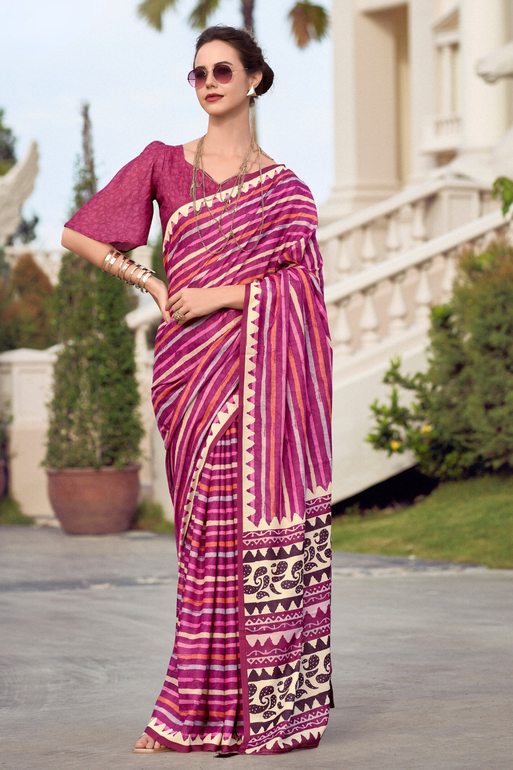 Bright Pink Pure Mal Mal Silk Saree