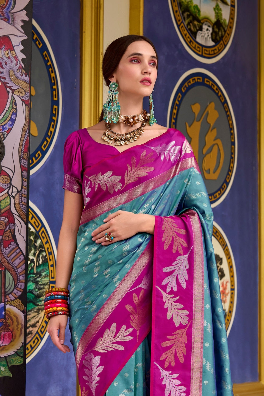 Blue Pink Banarasi Saree