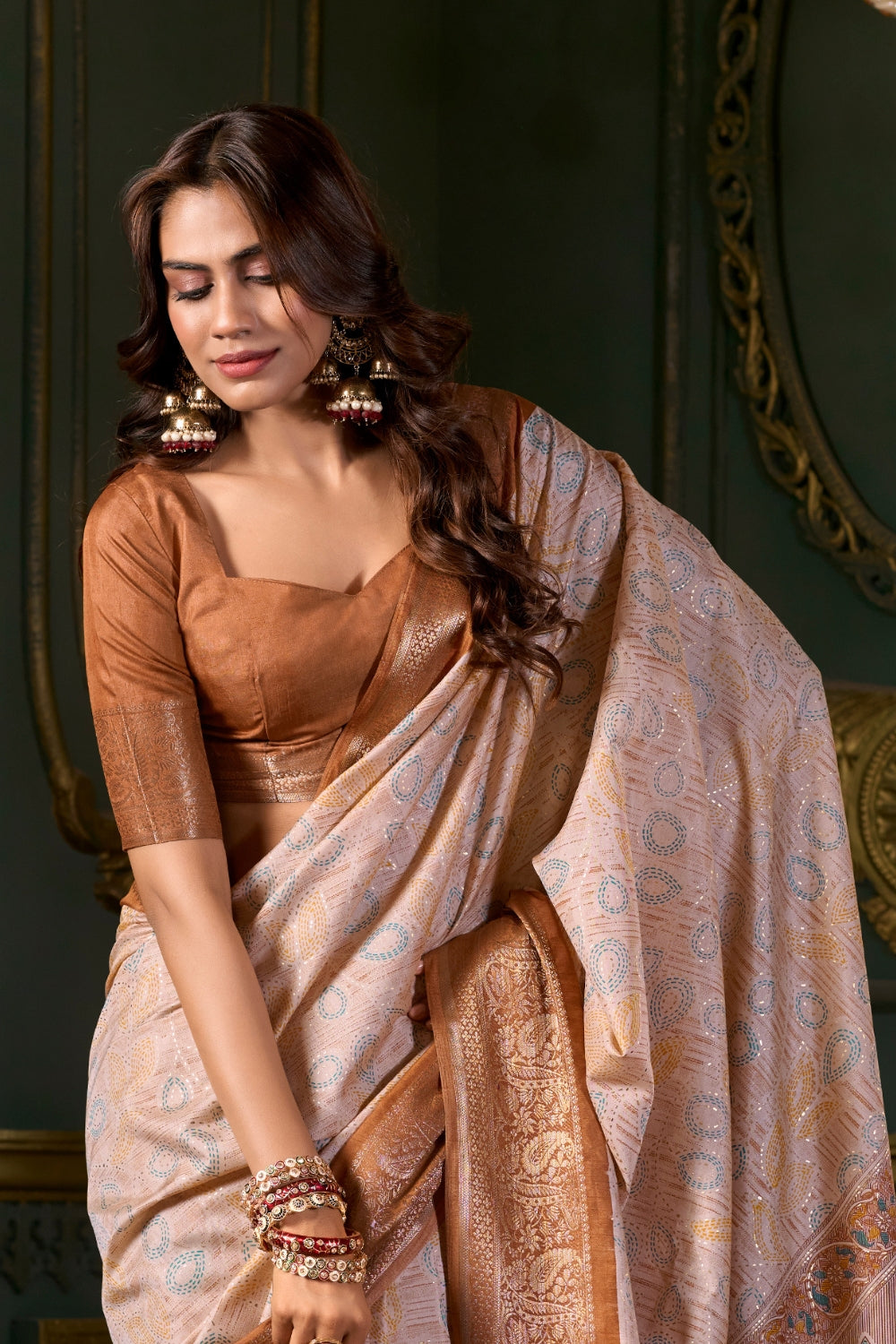 Brown Soft Silk Fabric With Foil Print Saree