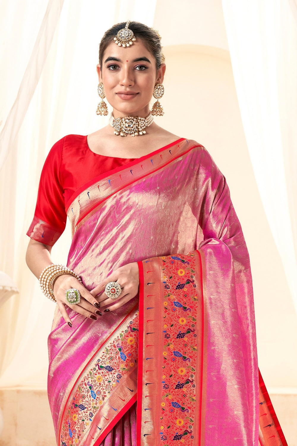 Dark Pink Pure Paithani Tissue Silk Saree