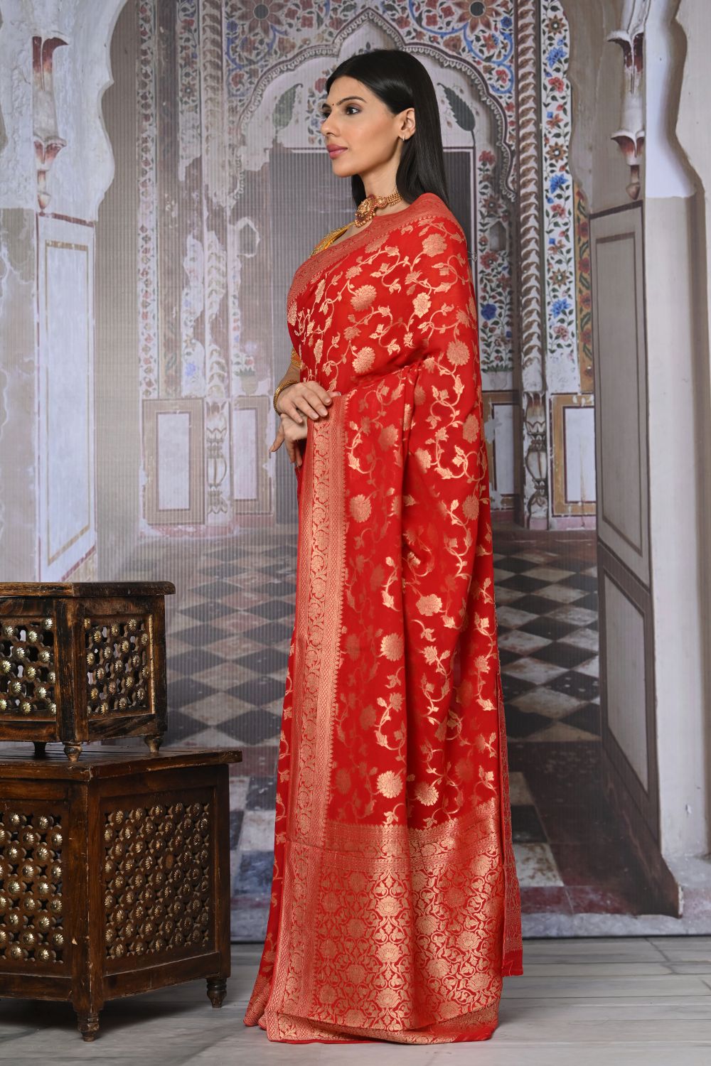 Rose Red Banarasi Khaddi Georgette Saree