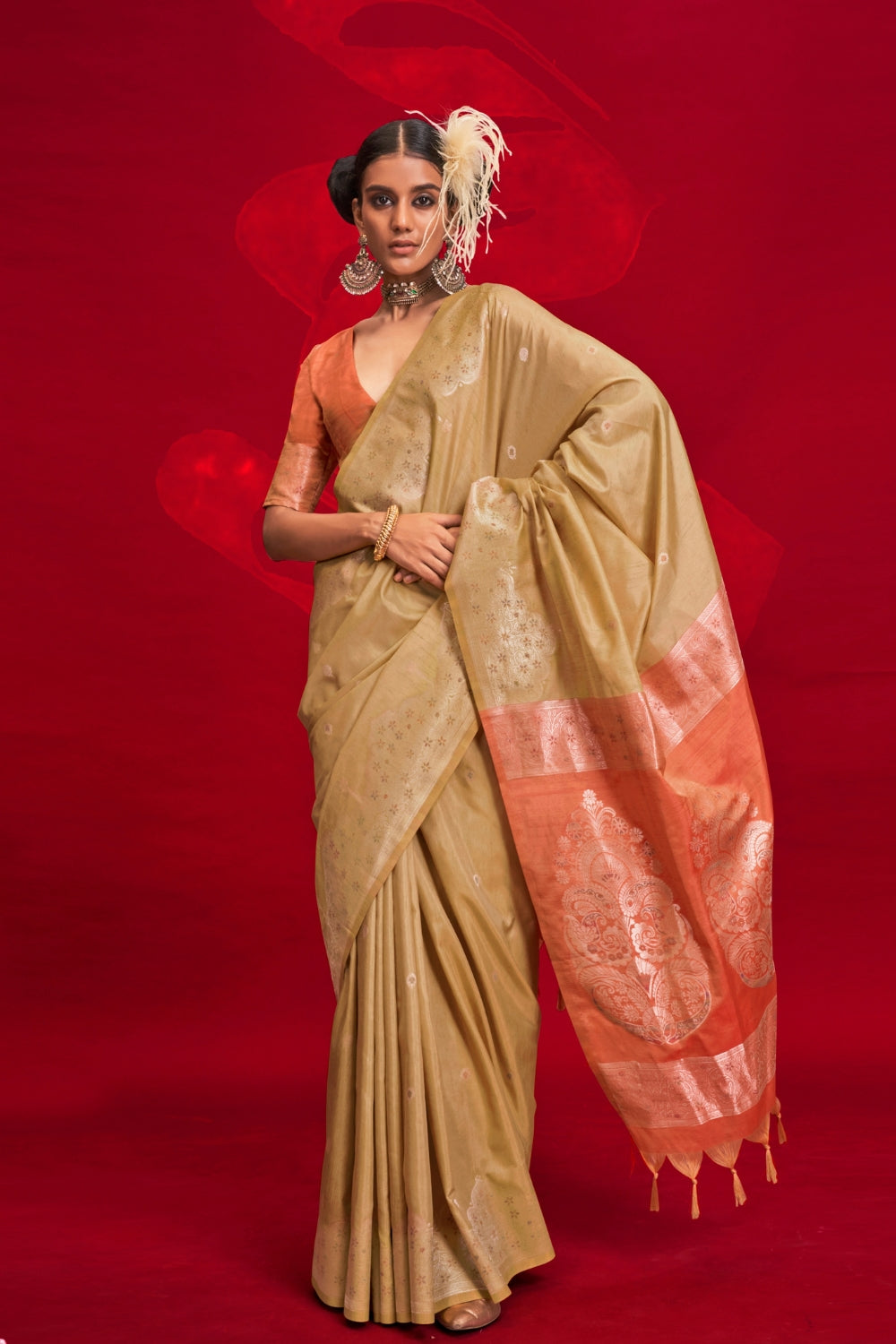 CREAM TUSSAR BANARASI SILK SAREE