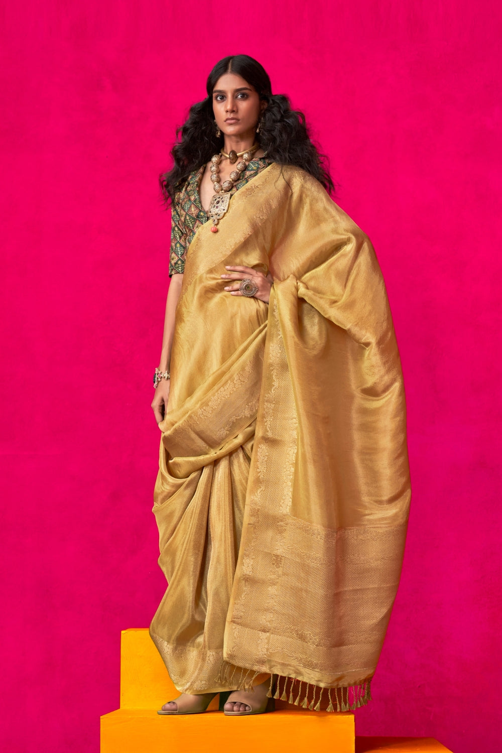 Golden Pure Zari Tissue Silk Saree