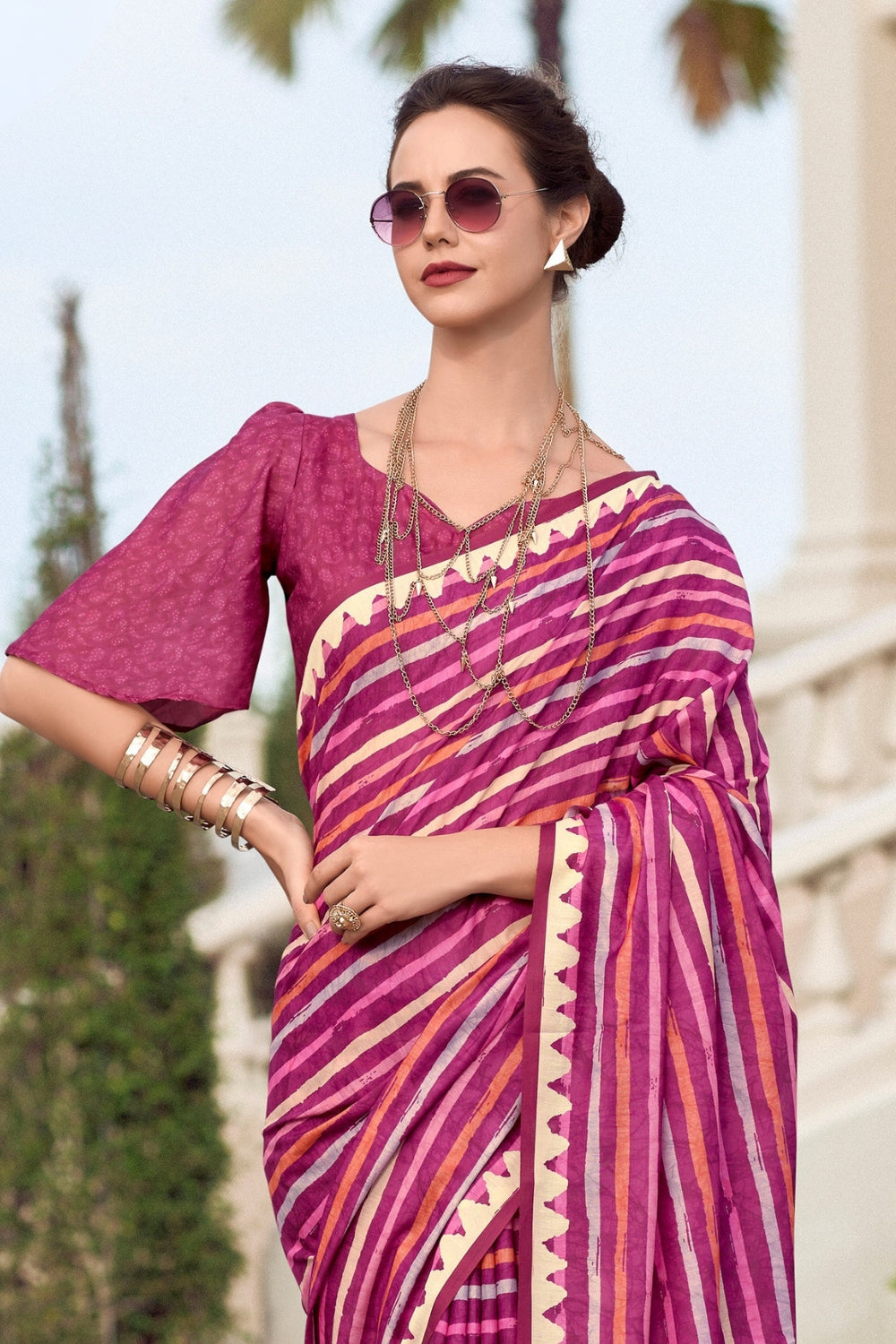 Bright Pink Pure Mal Mal Silk Saree