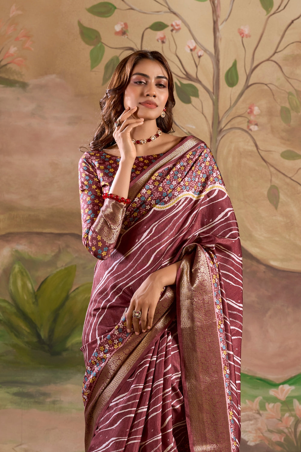 Dark Red Cotton With Digital Print Saree