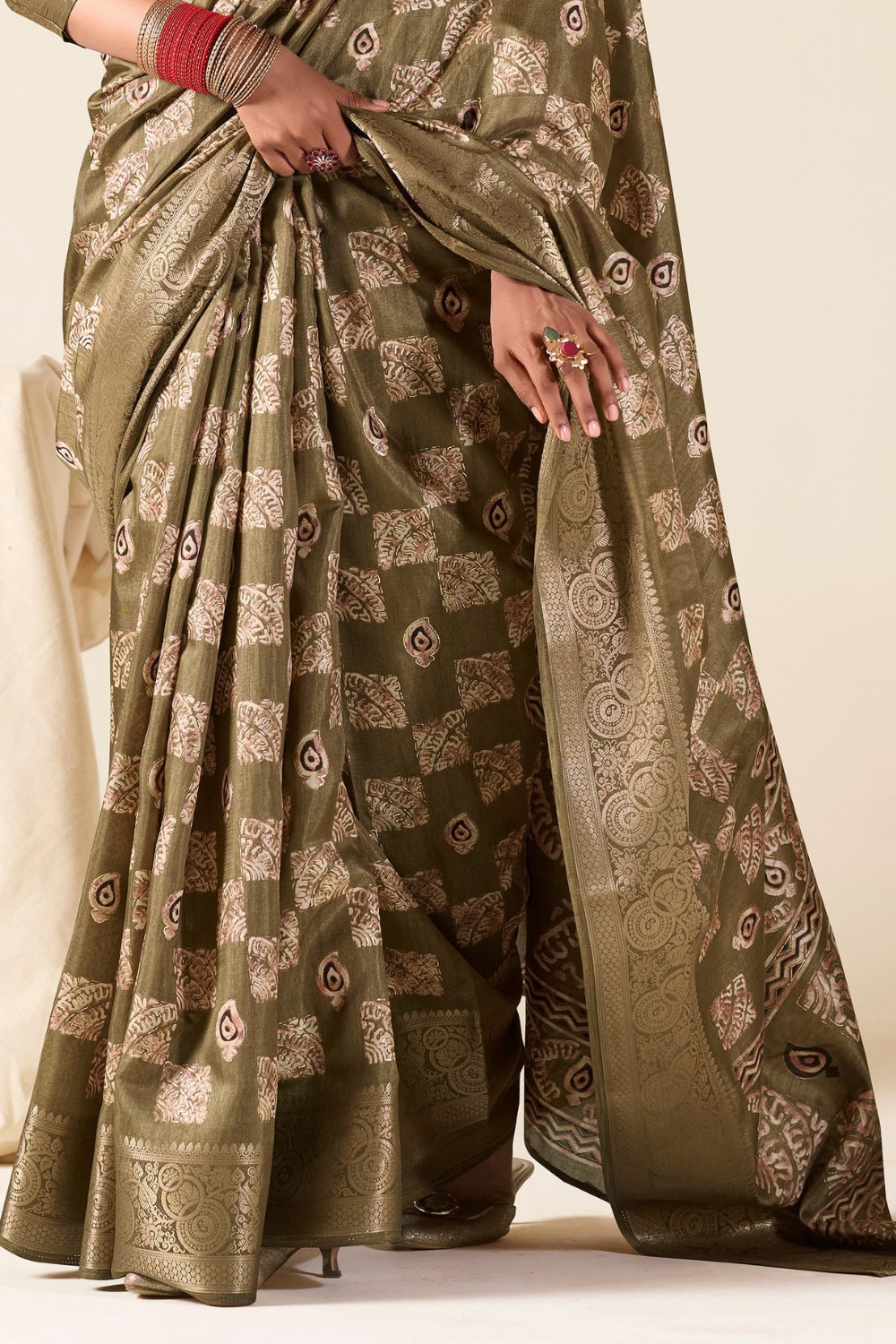 Mehendi Green Soft Dola Silk With Foil Print Saree