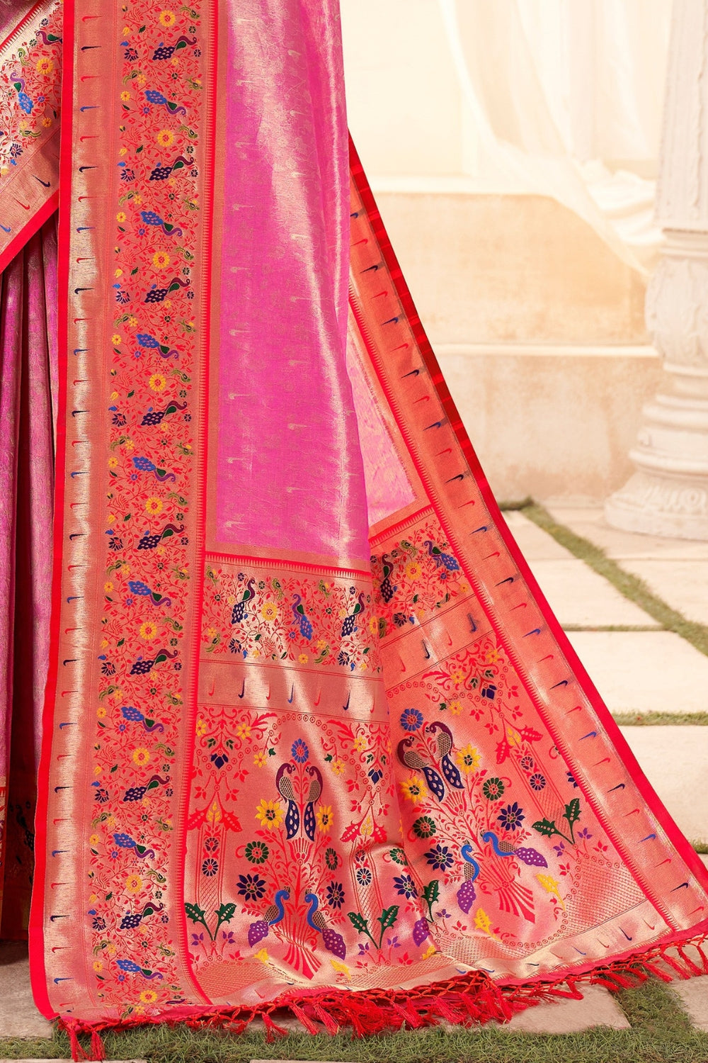 Dark Pink Pure Paithani Tissue Silk Saree