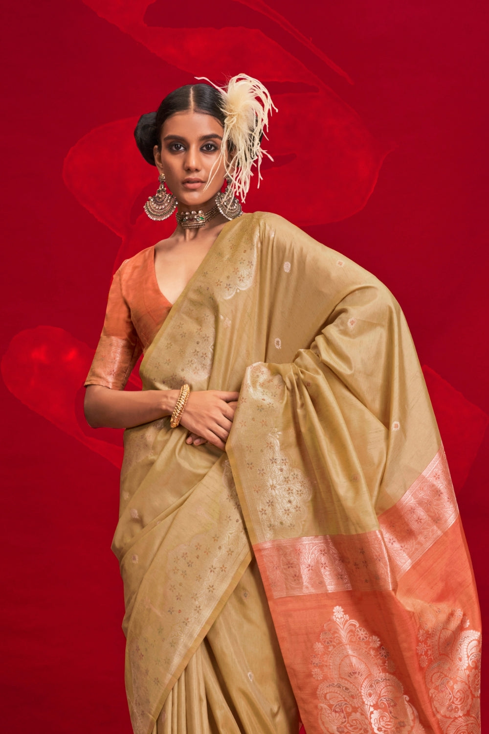 CREAM TUSSAR BANARASI SILK SAREE