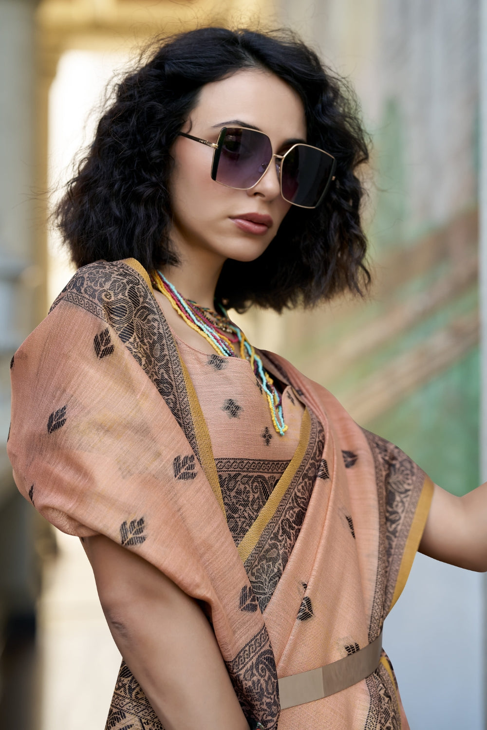 Peach Linen Tissue Silk Saree