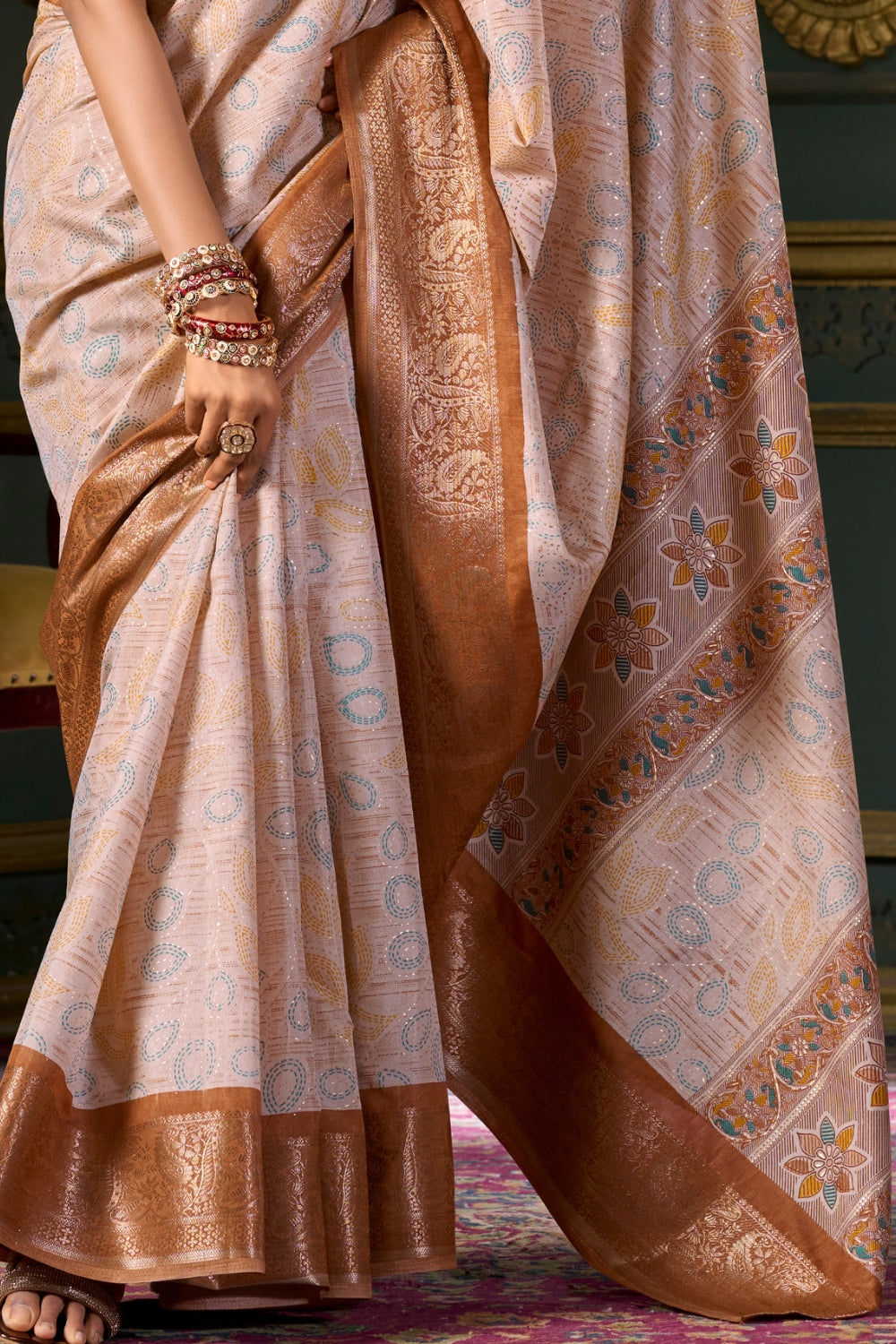 Brown Soft Silk Fabric With Foil Print Saree