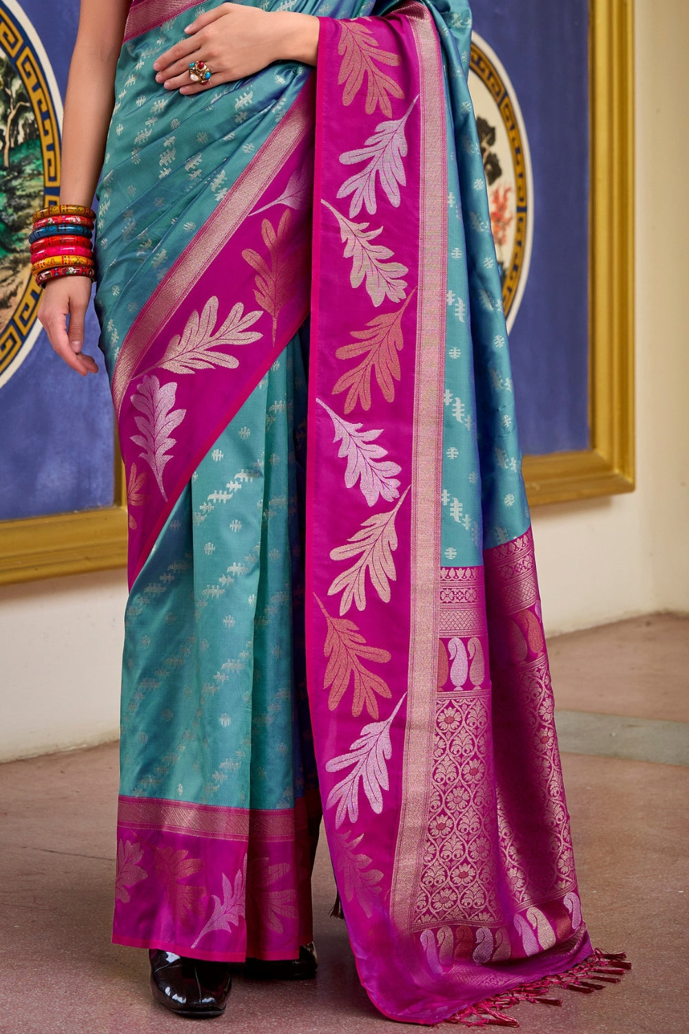 Blue Pink Banarasi Saree