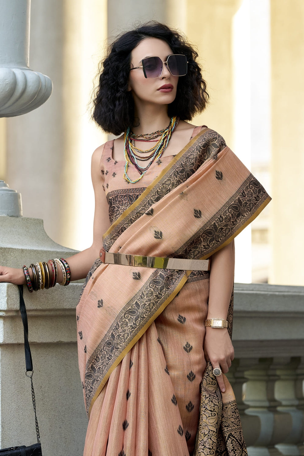 Peach Linen Tissue Silk Saree