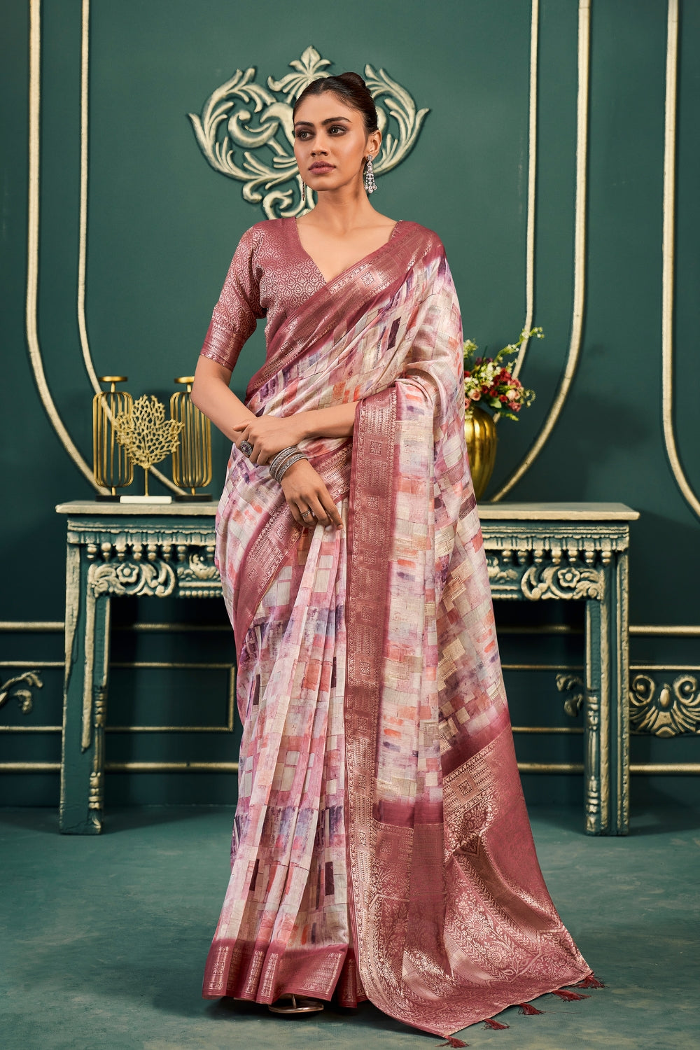 White Pink Modal Cotton Saree