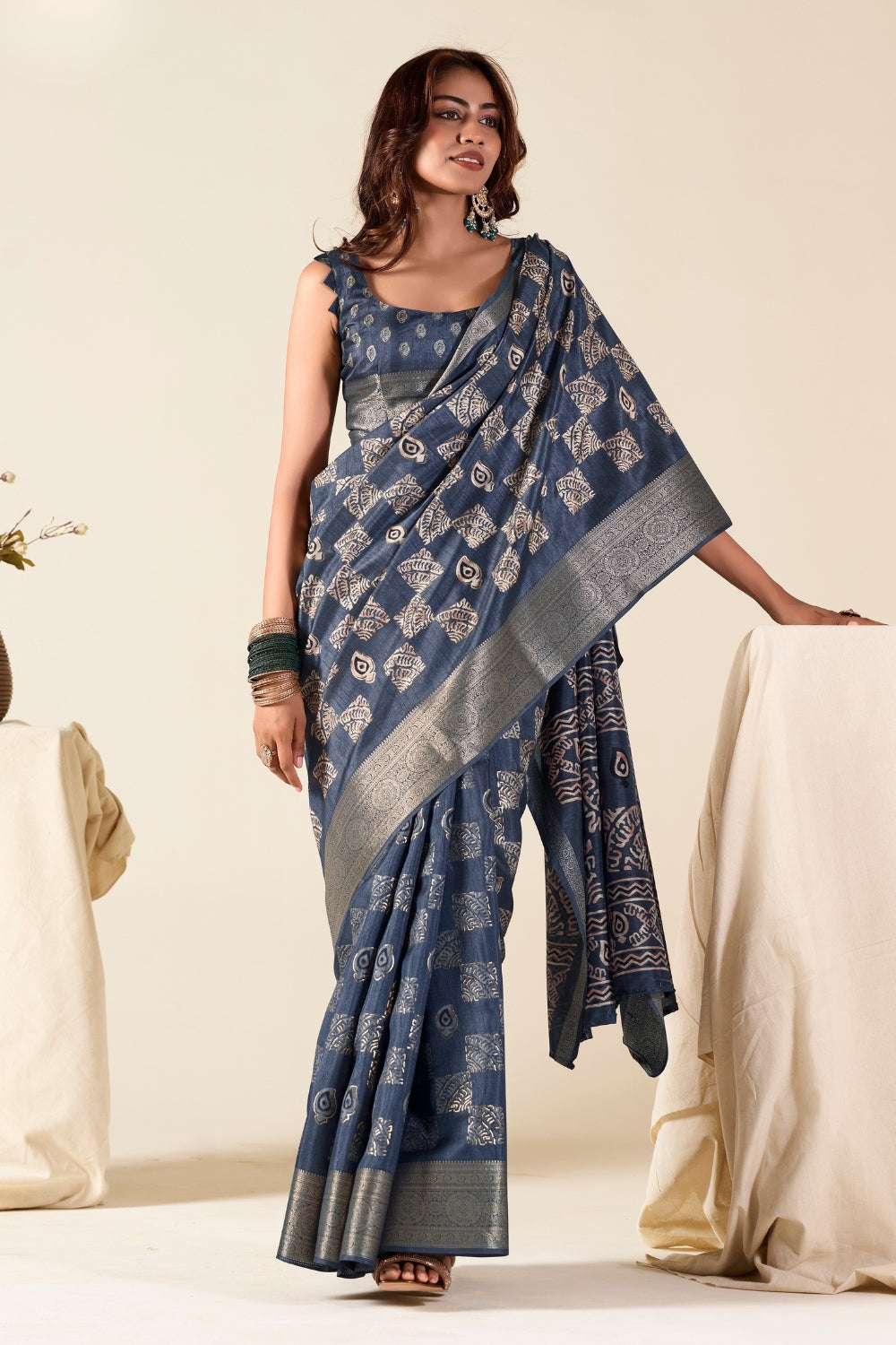 Dark Blue Soft Dola Silk With Foil Print Saree