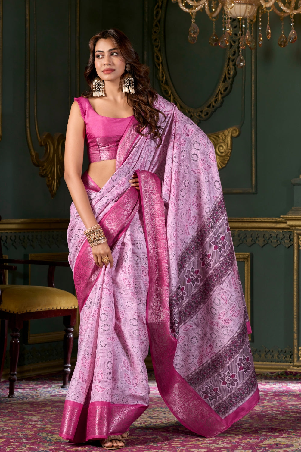 Pink Soft Silk Fabric With Foil Print Saree