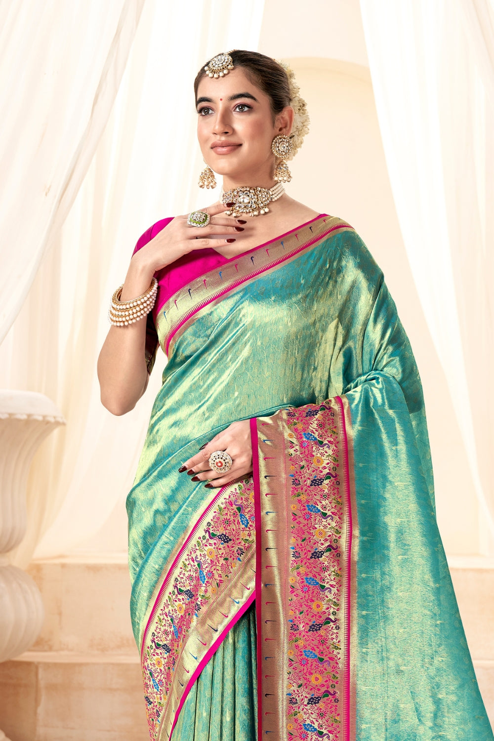 Sky Blue Pure Paithani Tissue Silk Saree