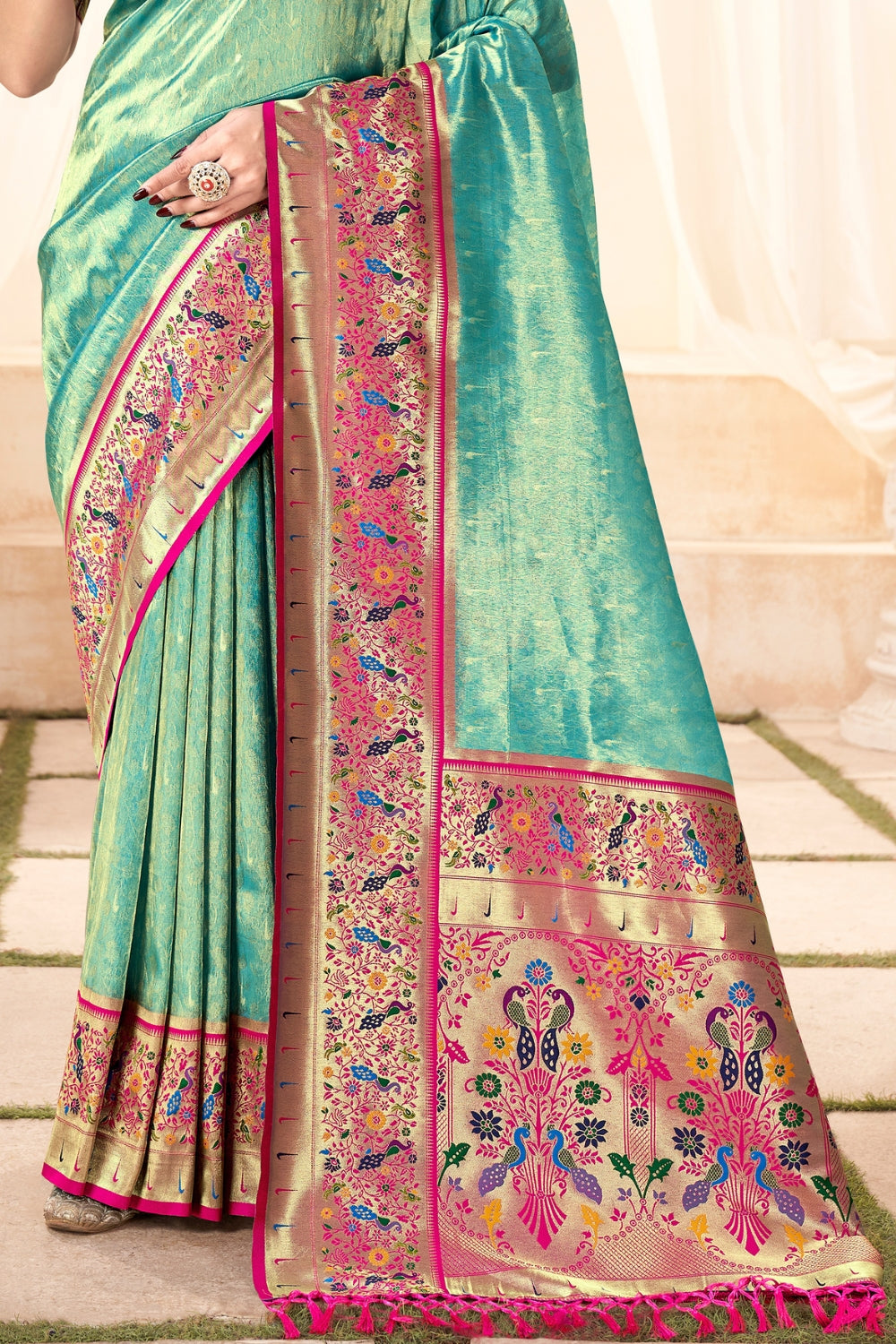 Sky Blue Pure Paithani Tissue Silk Saree