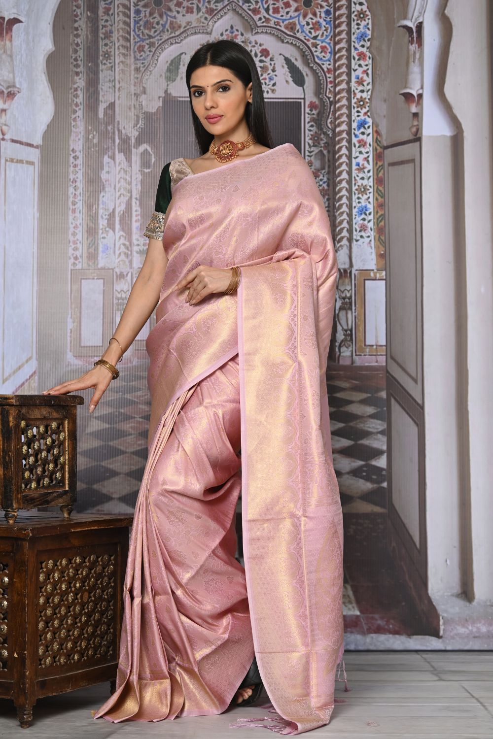 Buy Teal Grey Katan Habutai Silk Saree With Blouse Piece Nitaraa