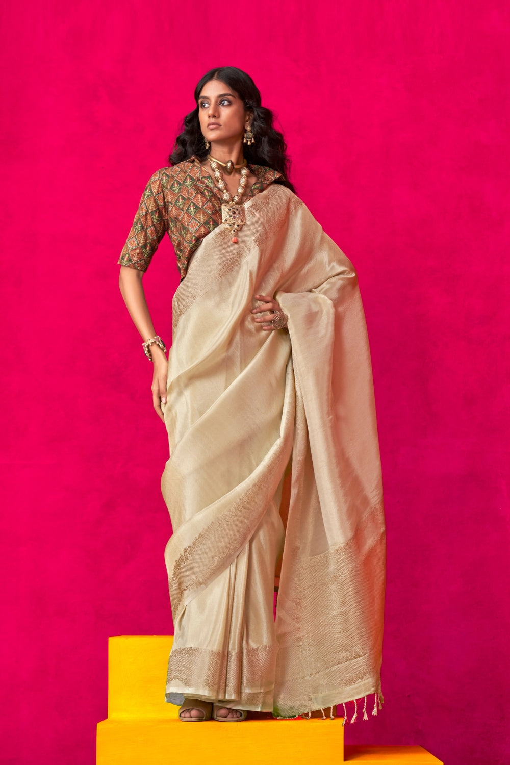 Beige Pure Zari Tissue Silk Saree