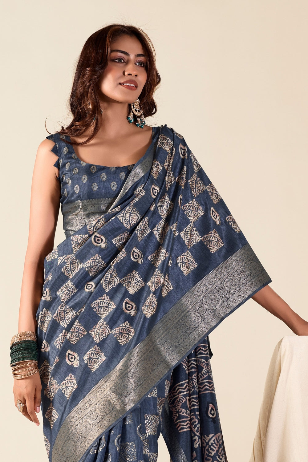 Dark Blue Soft Dola Silk With Foil Print Saree