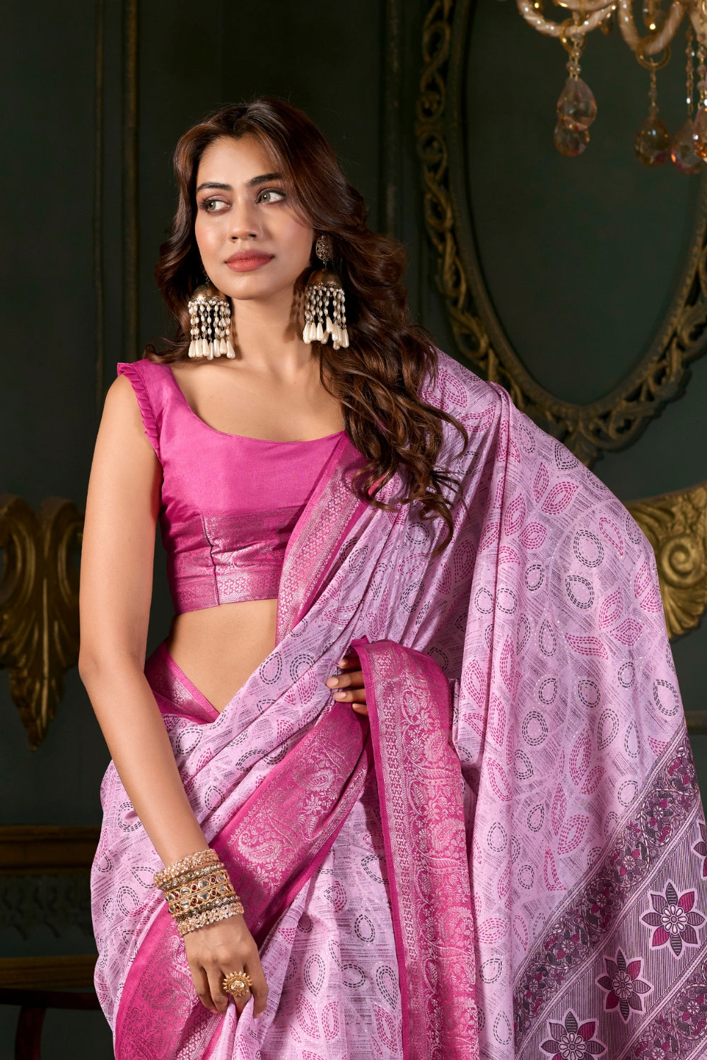 Pink Soft Silk Fabric With Foil Print Saree