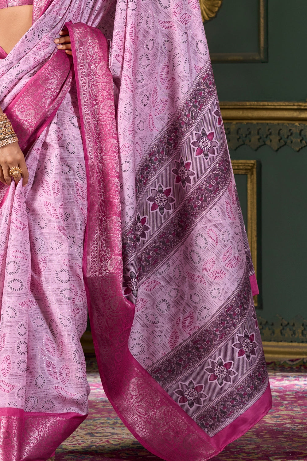 Pink Soft Silk Fabric With Foil Print Saree