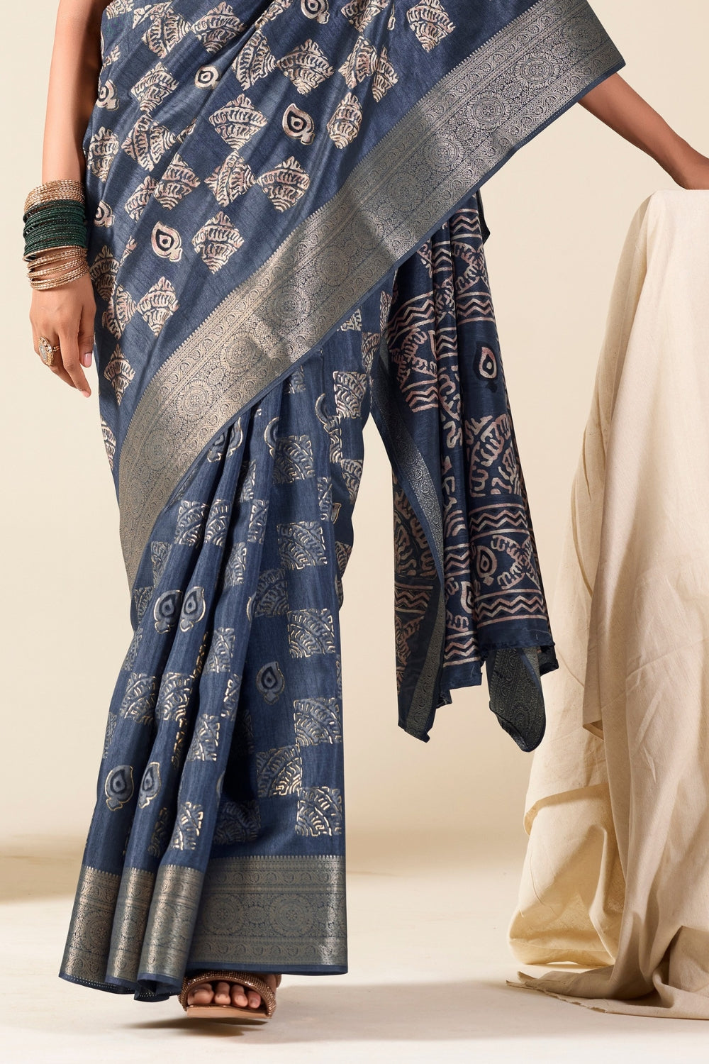 Dark Blue Soft Dola Silk With Foil Print Saree