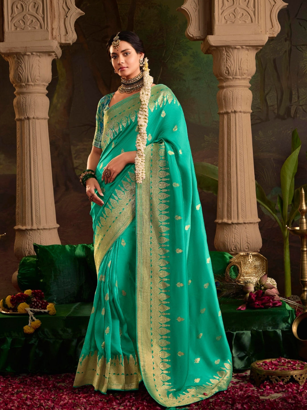 Spring Green Crepe Dola Banarasi Saree