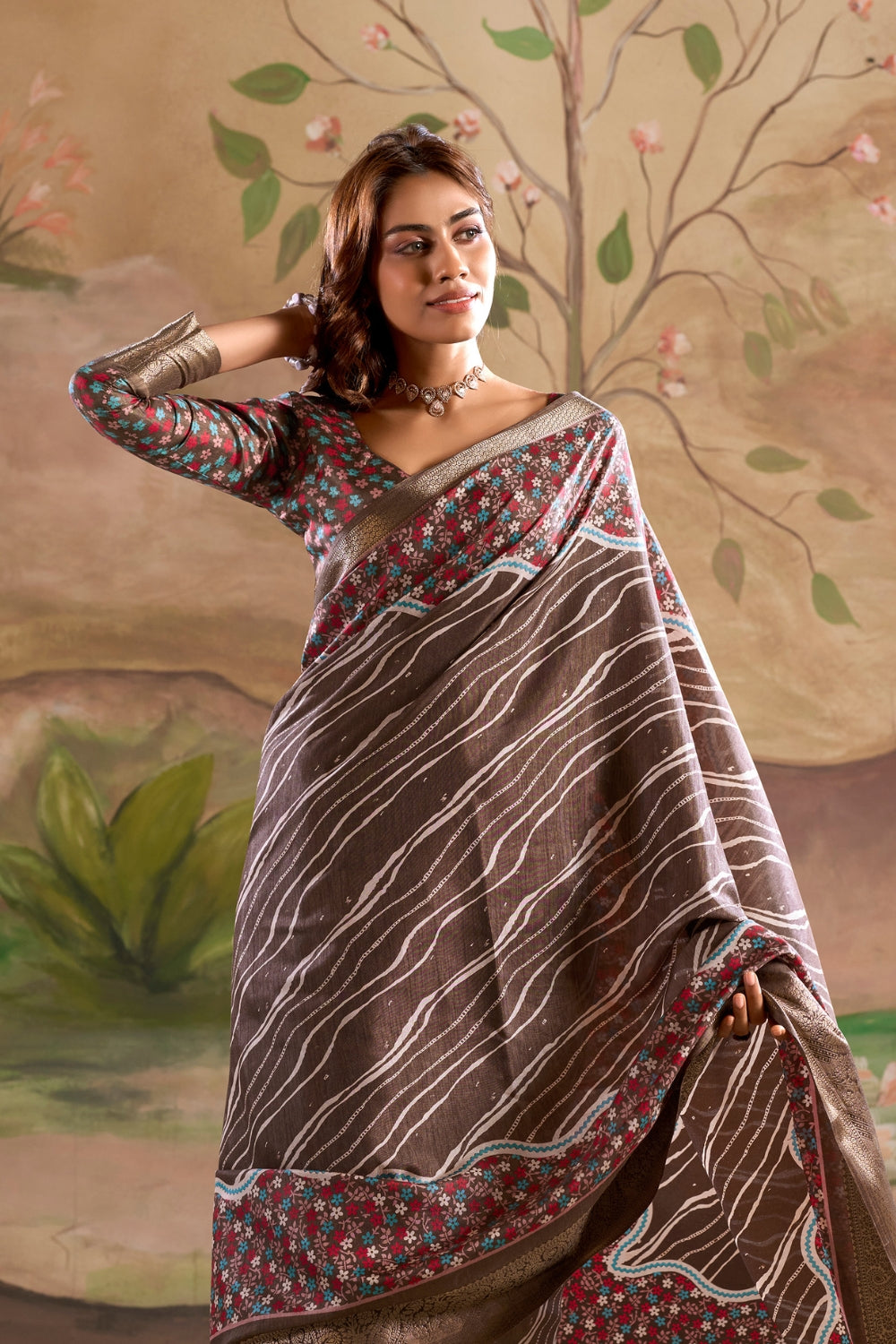 Dark Brown Cotton With Digital Print Saree