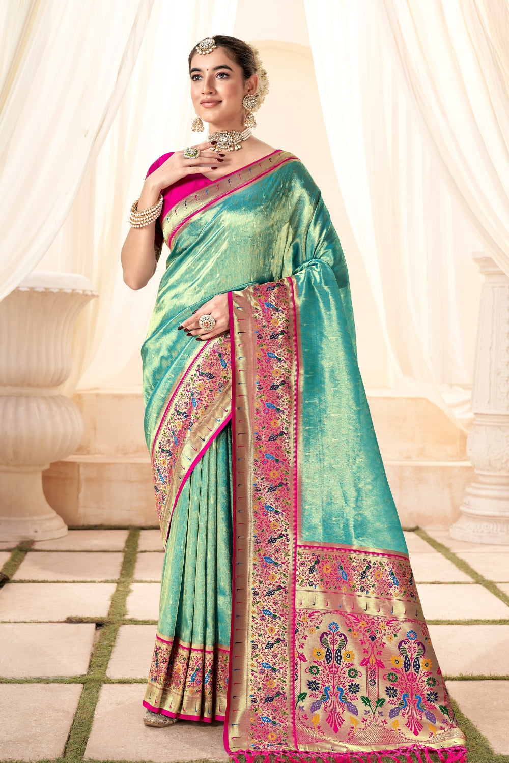 Sky Blue Pure Paithani Tissue Silk Saree