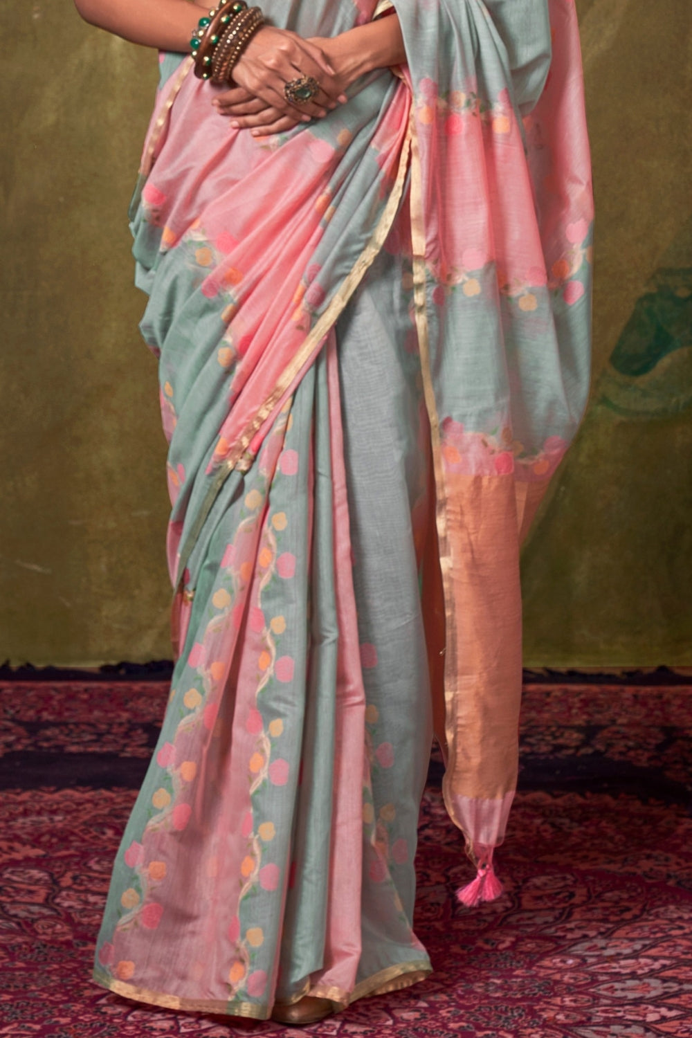 Pink & Grey Handloom Weaving Saree