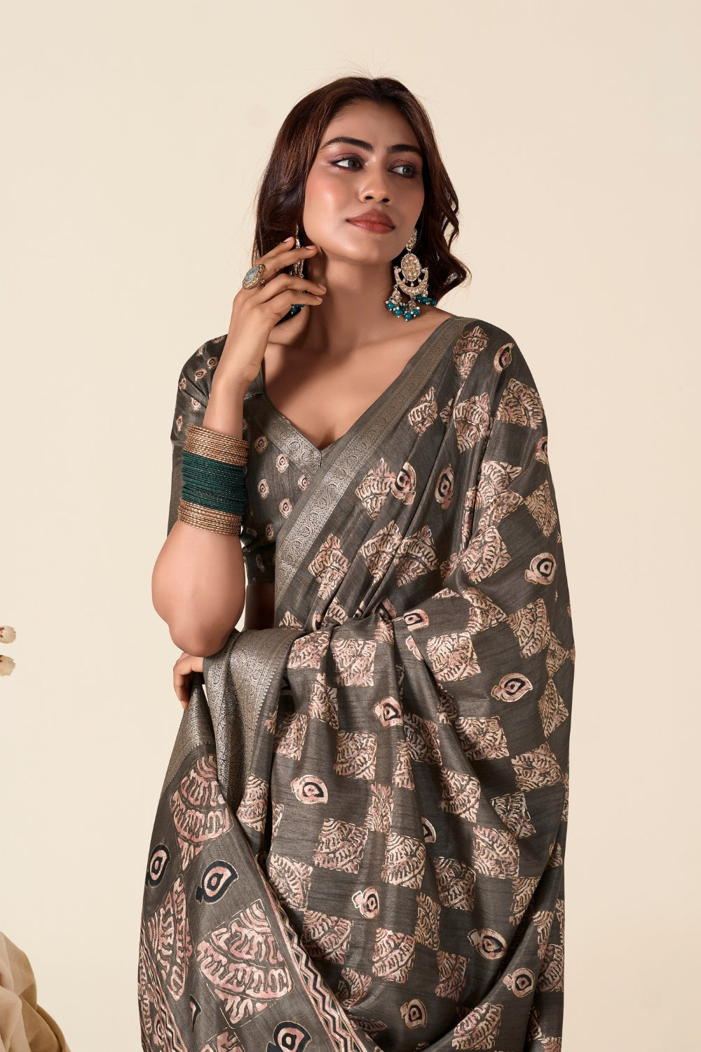 Grey Soft Dola Silk With Foil Print Saree