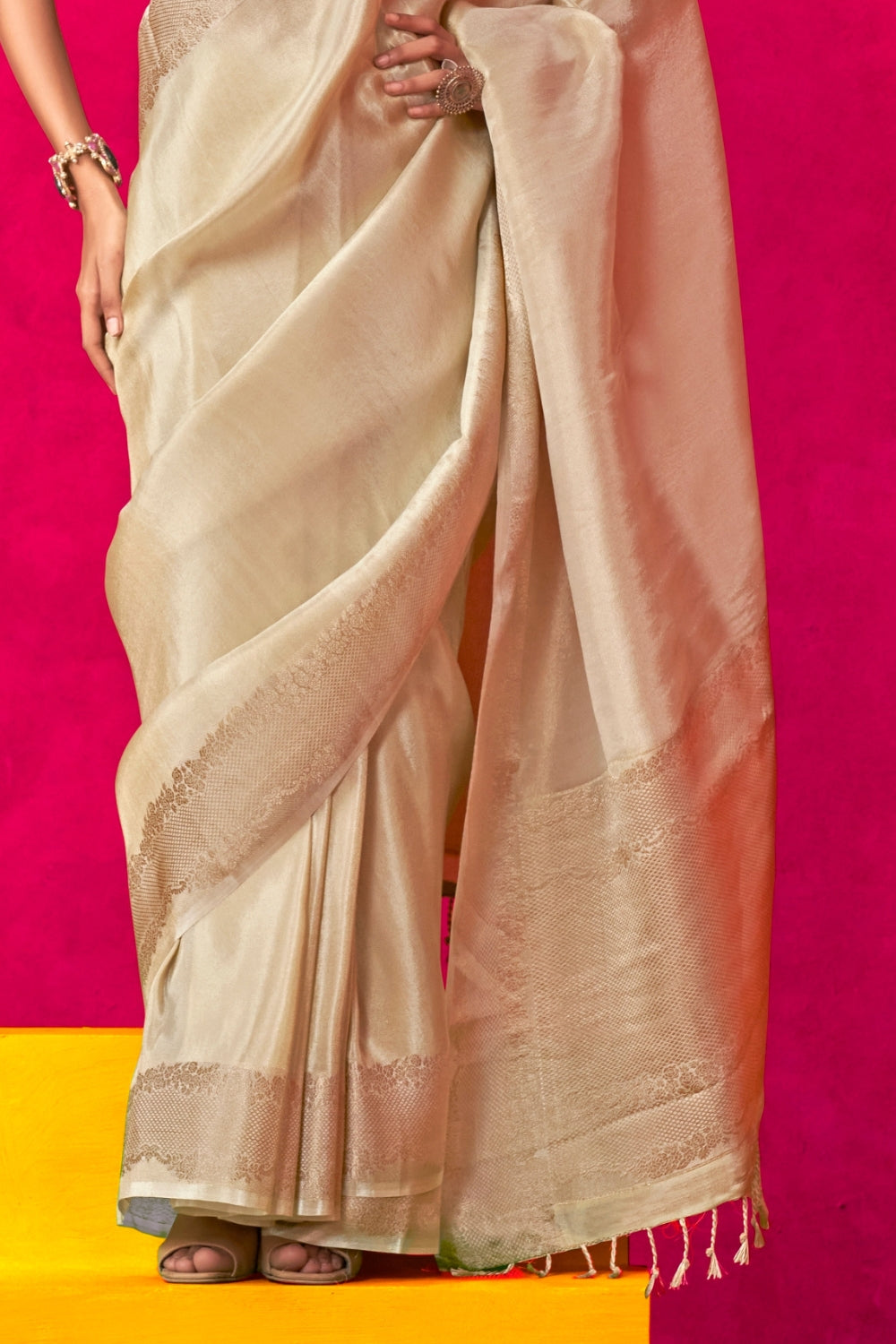 Beige Pure Zari Tissue Silk Saree