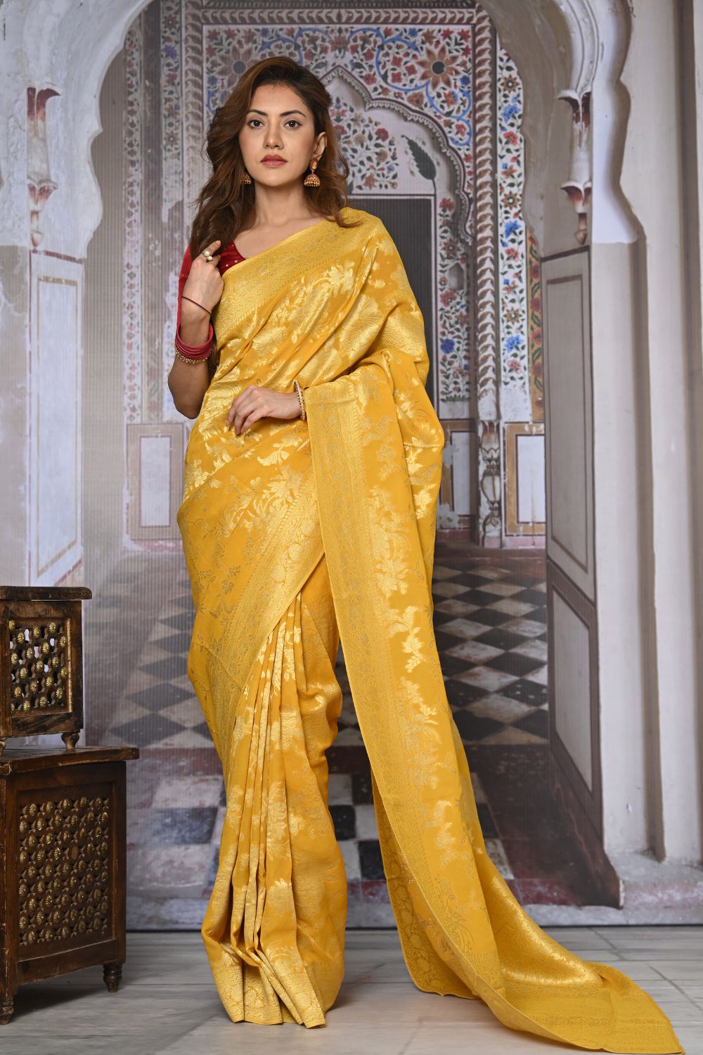 Bright Yellow Banarasi Khaddi Georgette Saree