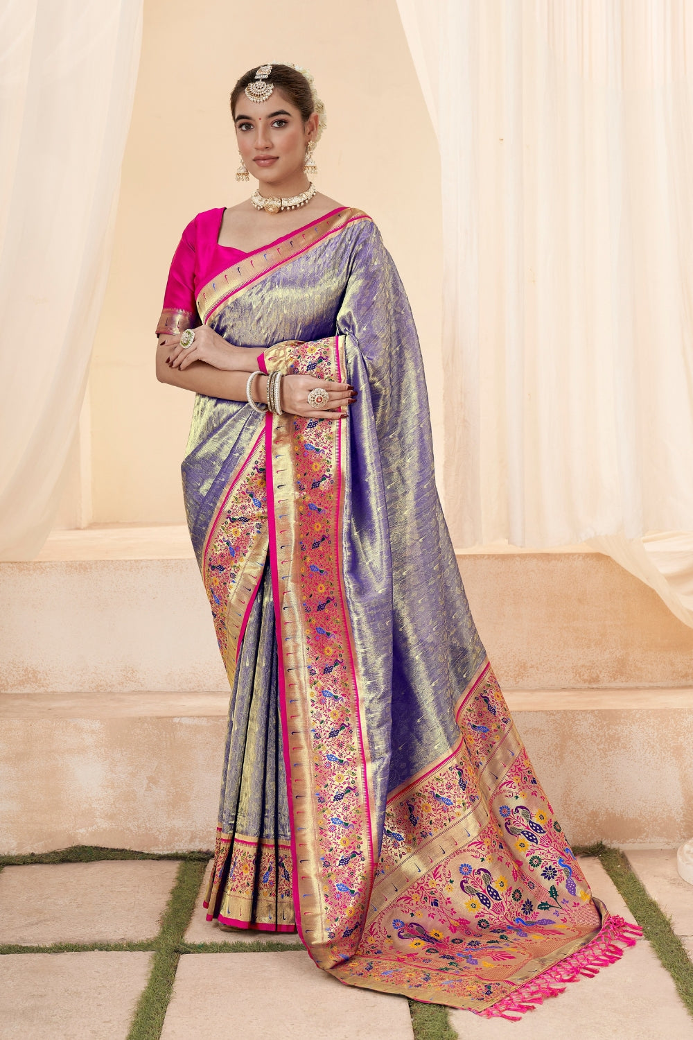 Denim Blue Pure Paithani Tissue Silk Saree