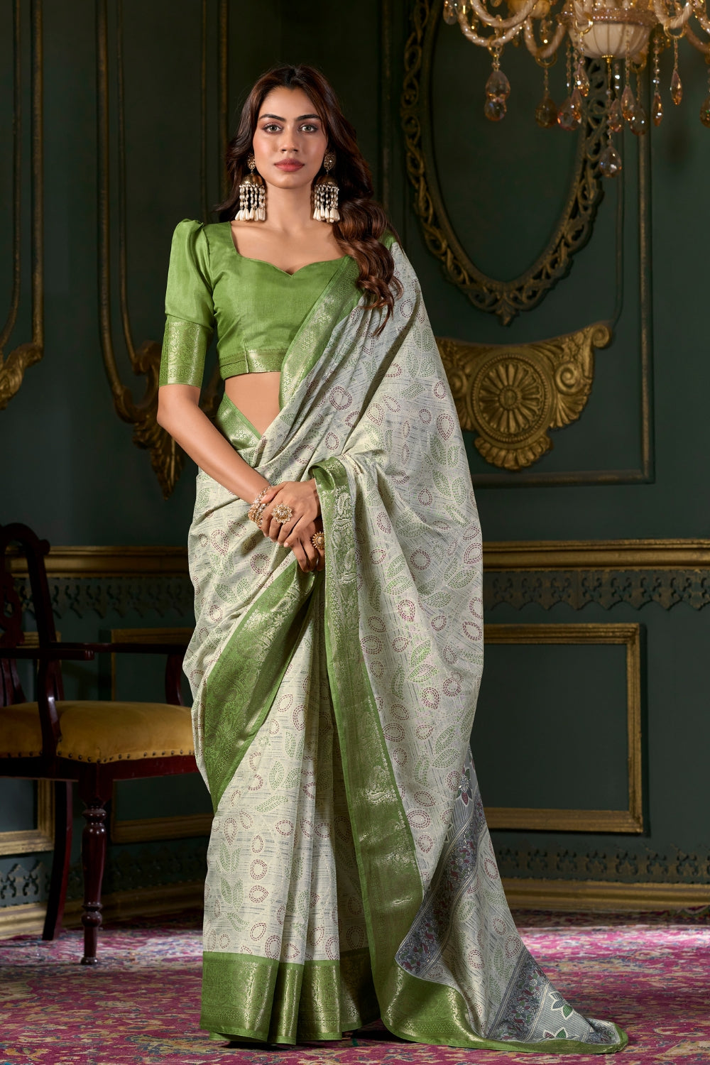 Green Soft Silk Fabric With Foil Print Saree