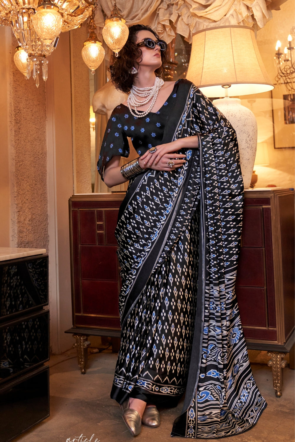 BLACK SATIN CREPE SAREE