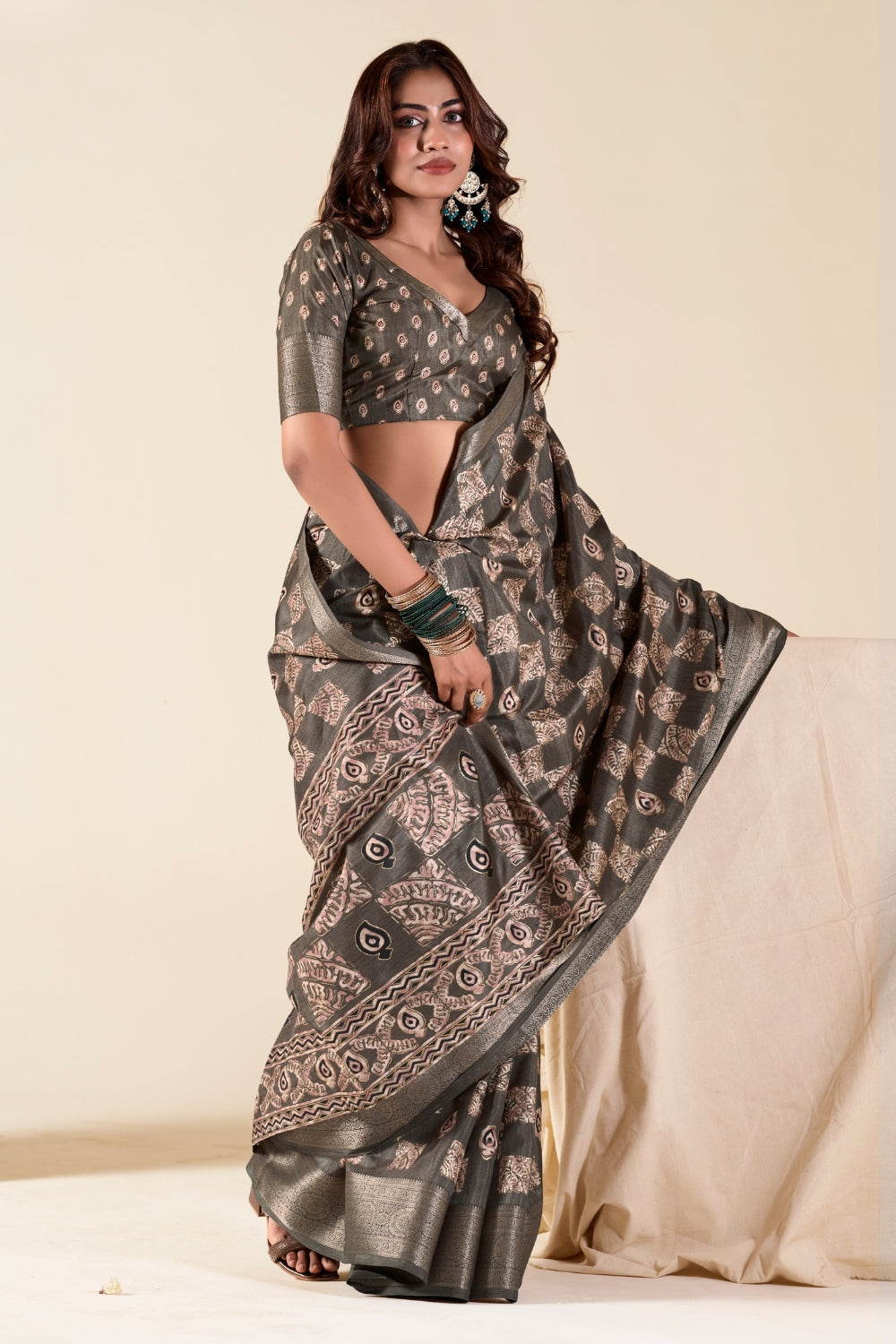 Grey Soft Dola Silk With Foil Print Saree