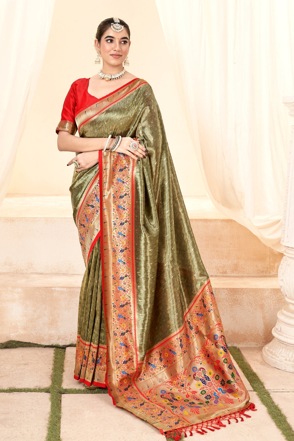 Mehendi Green Pure Paithani Tissue Silk Saree