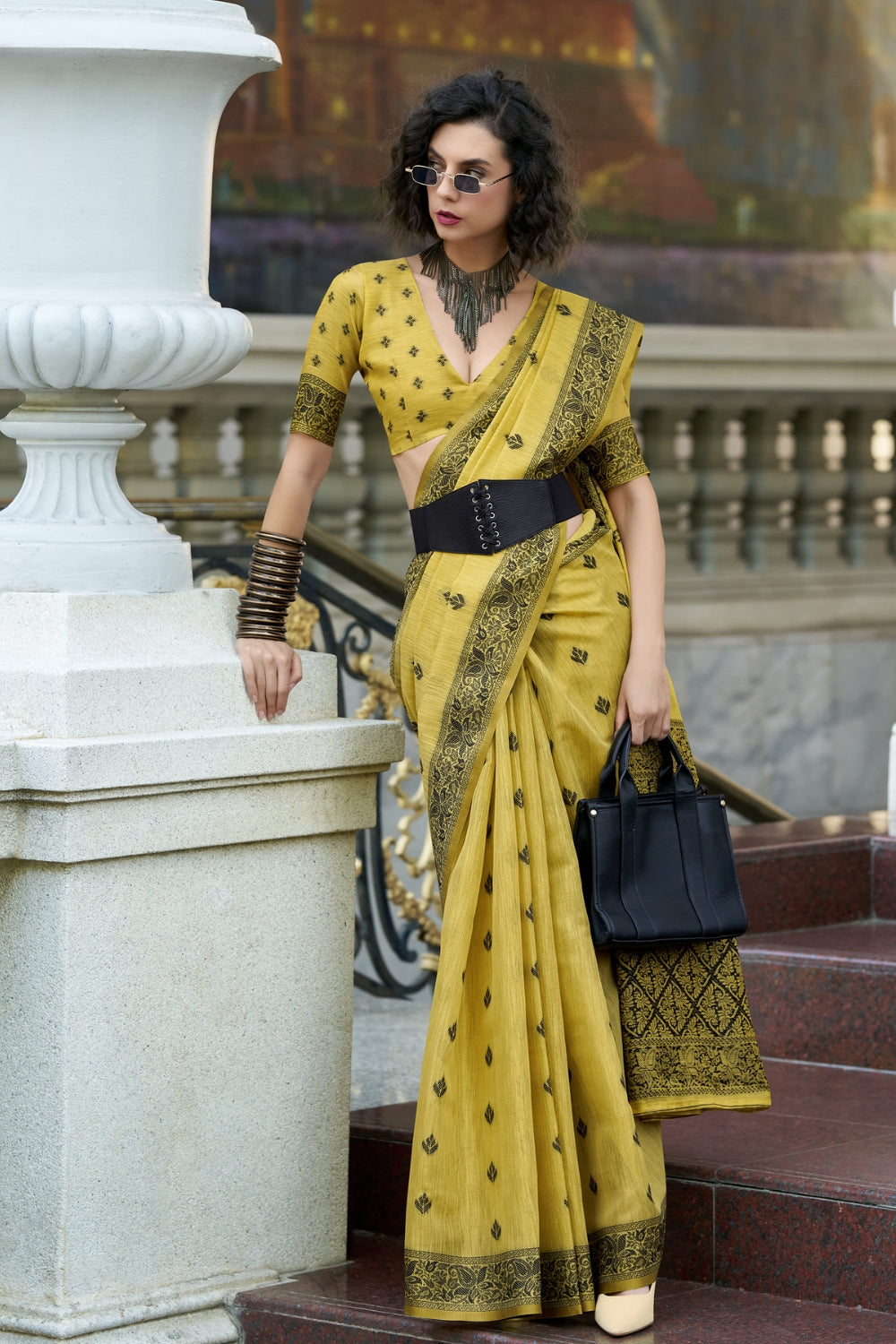 Yellow Linen Tissue Silk Saree