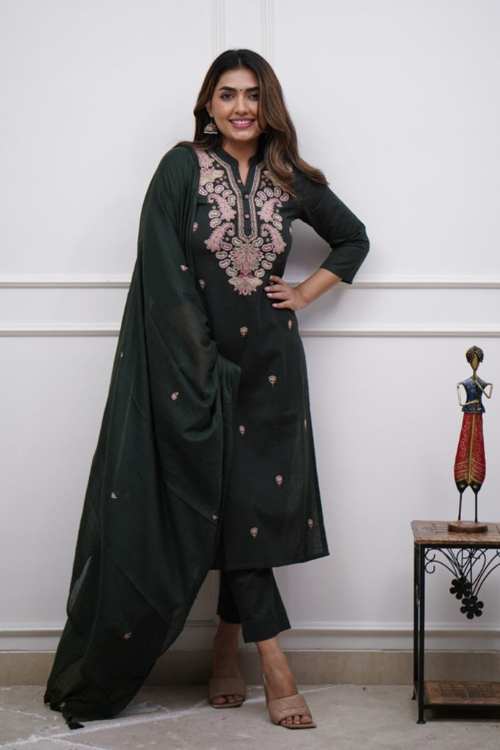 Bottle Green Women Embroidered Chanderi SILK kurta set