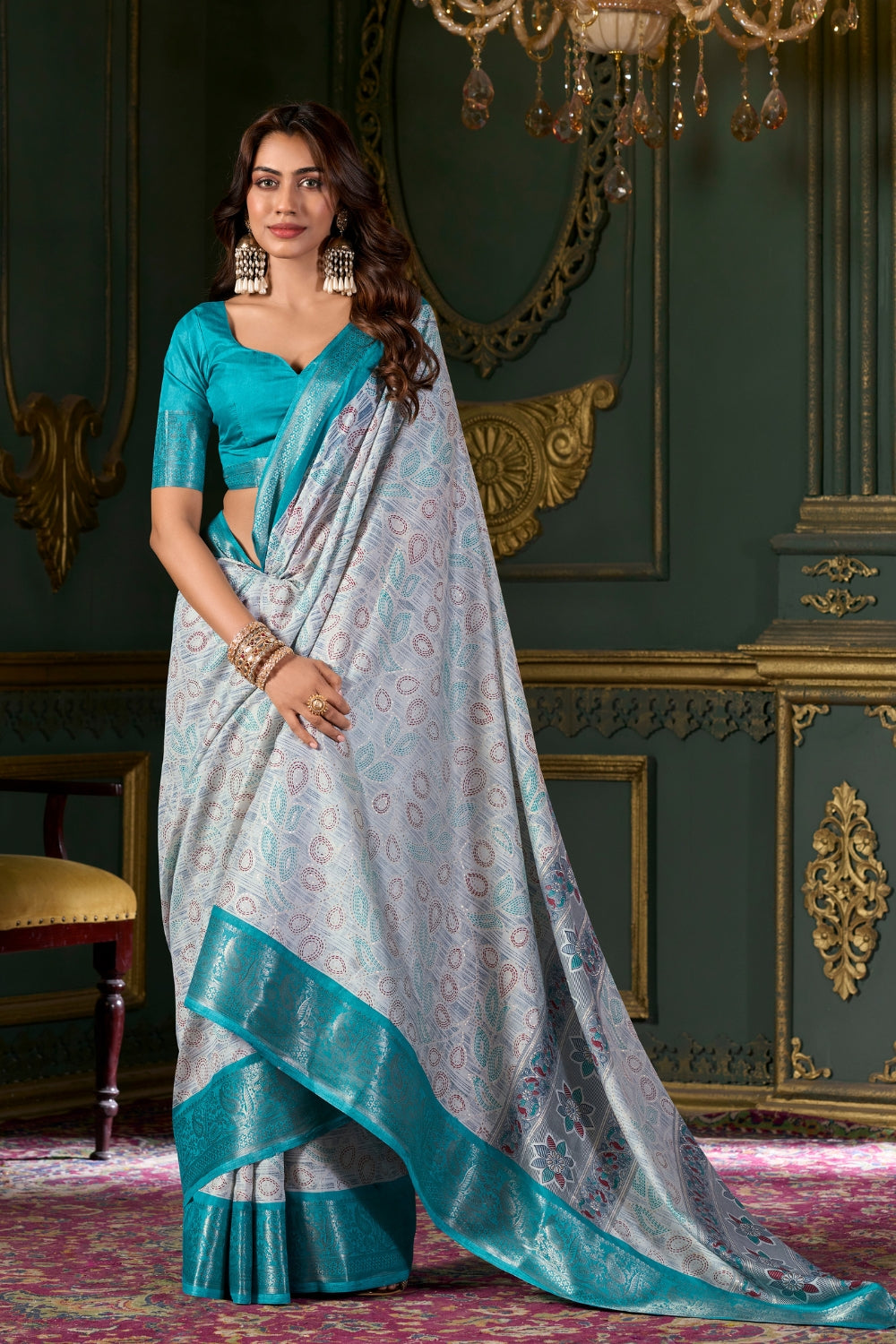 Blue Soft Silk Fabric With Foil Print Saree