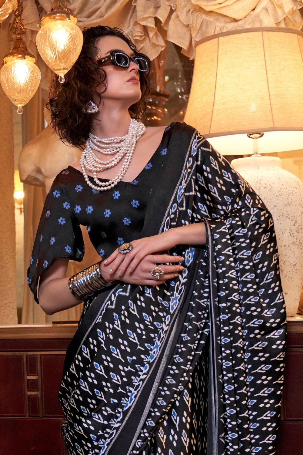 BLACK SATIN CREPE SAREE